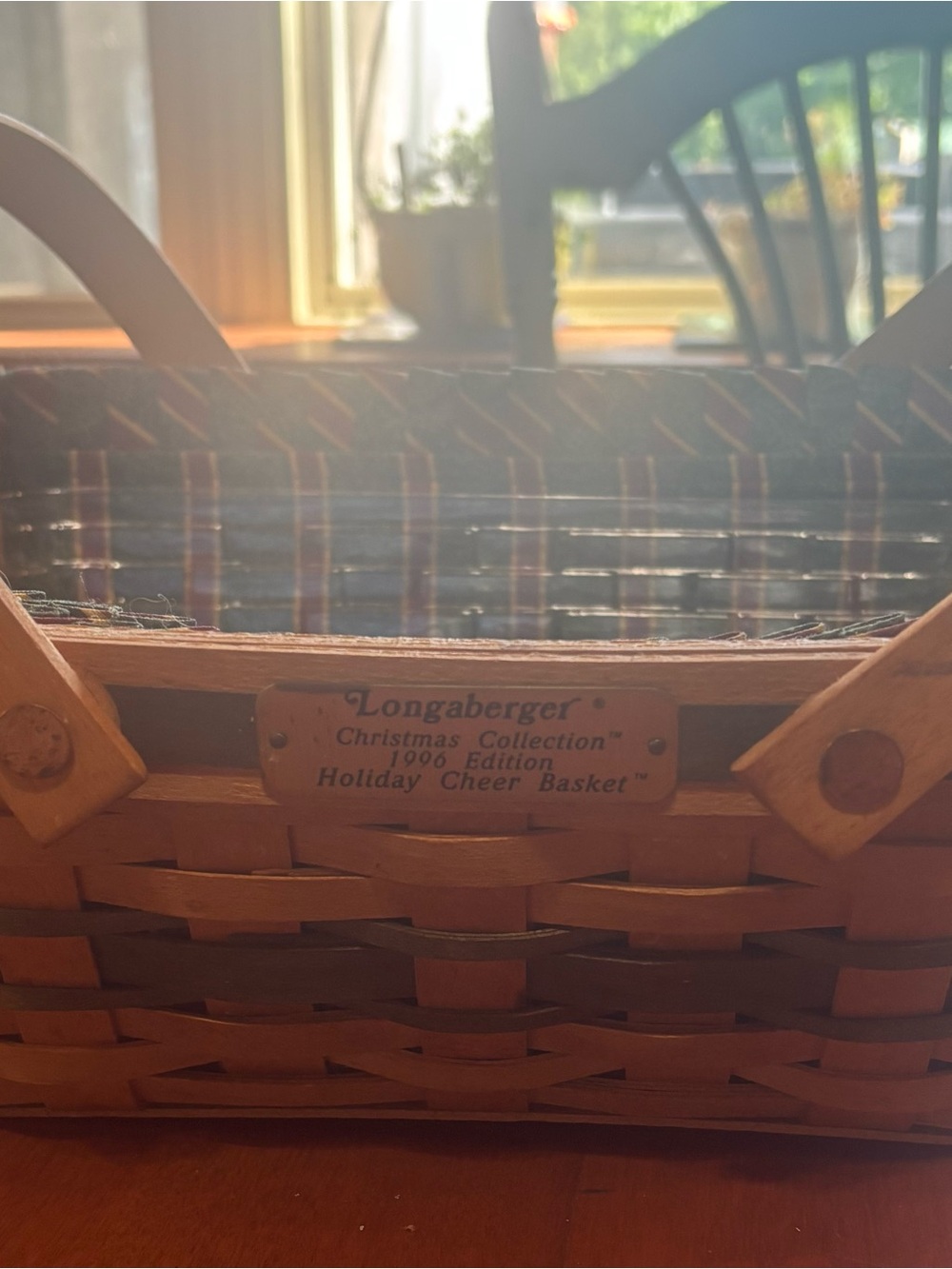 Longaberger Brown Woven Basket with Plaid Liner